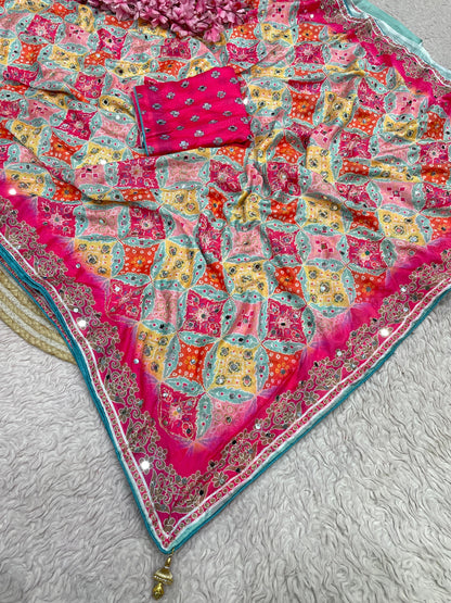 Premium Chinnon Digital Print Saree with Aari & Original Mirror Work