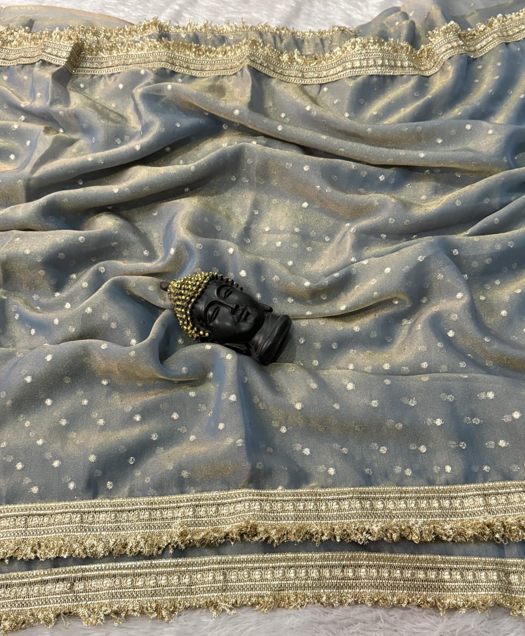 Premium Moss Butti Satin Dual Shade Saree with Multi Embroidery Work