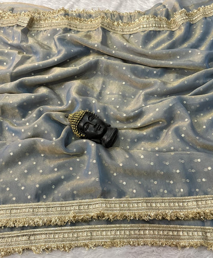 Premium Moss Butti Satin Dual Shade Saree with Multi Embroidery Work