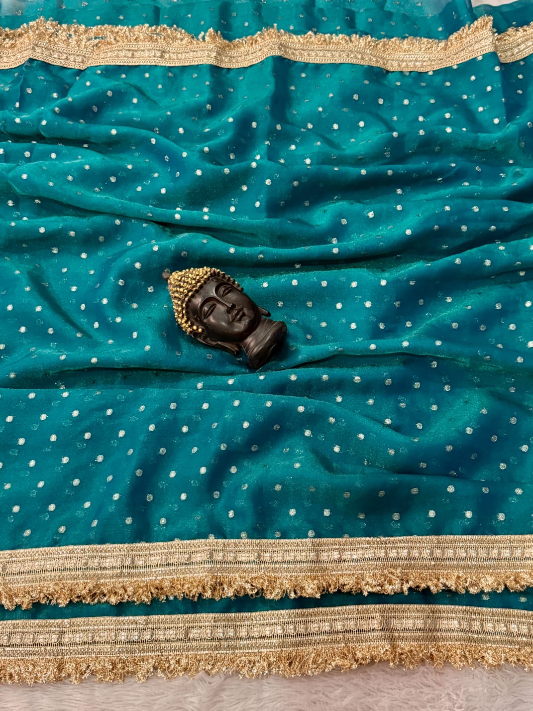 Premium Moss Butti Satin Dual Shade Saree with Multi Embroidery Work