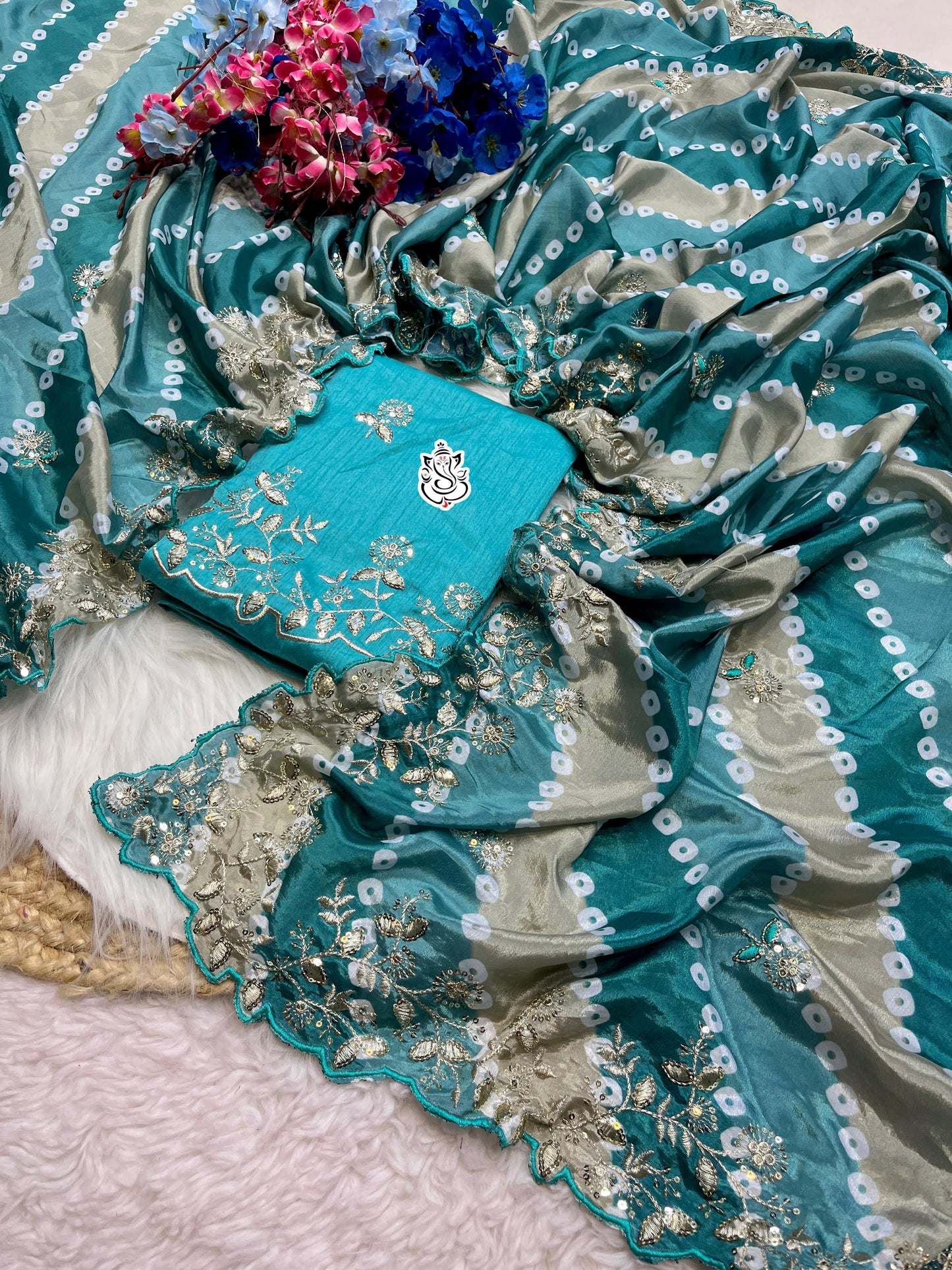Designer Digital Print Chinon Silk Saree with Cutwork Border