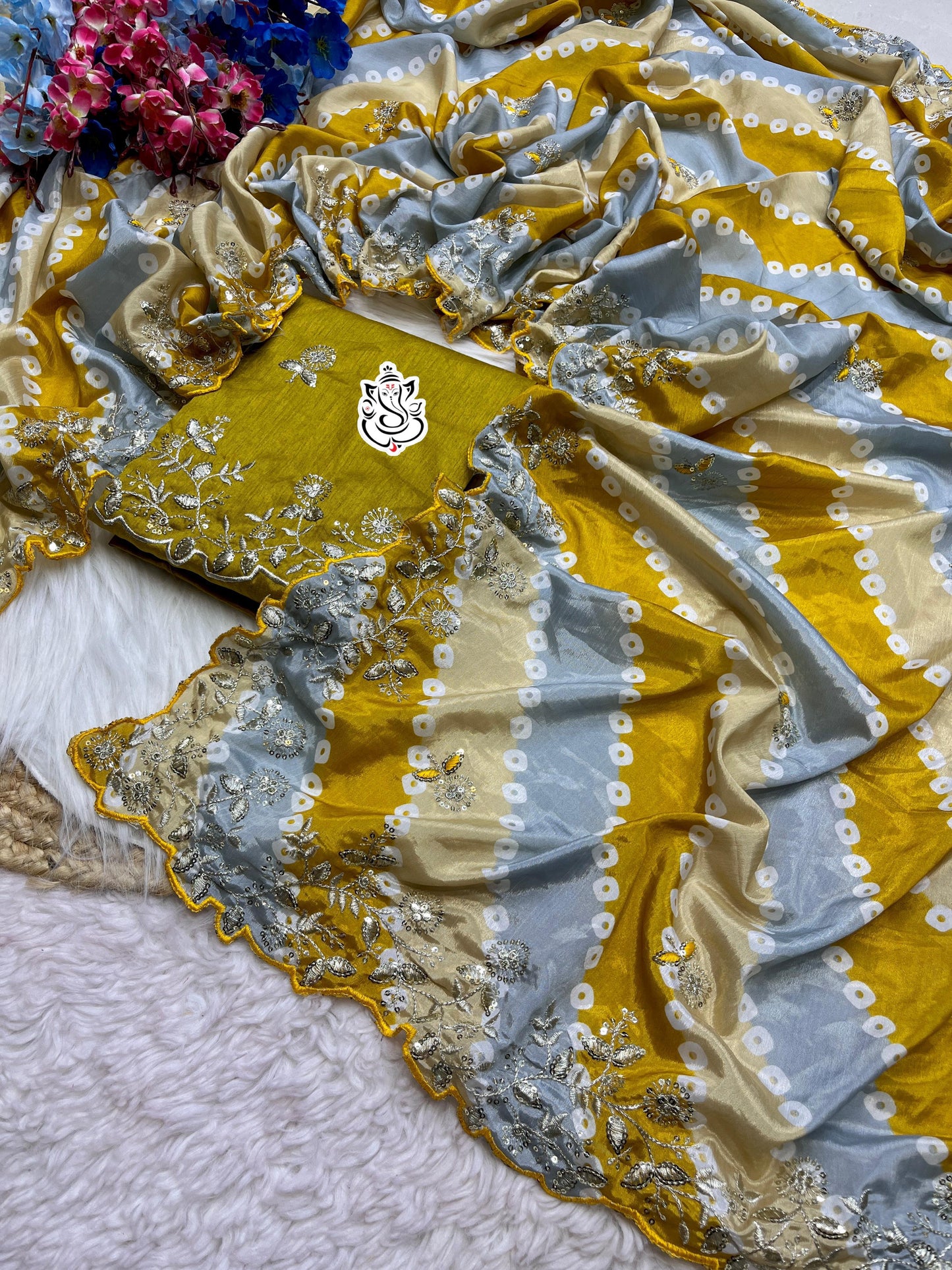 Designer Digital Print Chinon Silk Saree with Cutwork Border