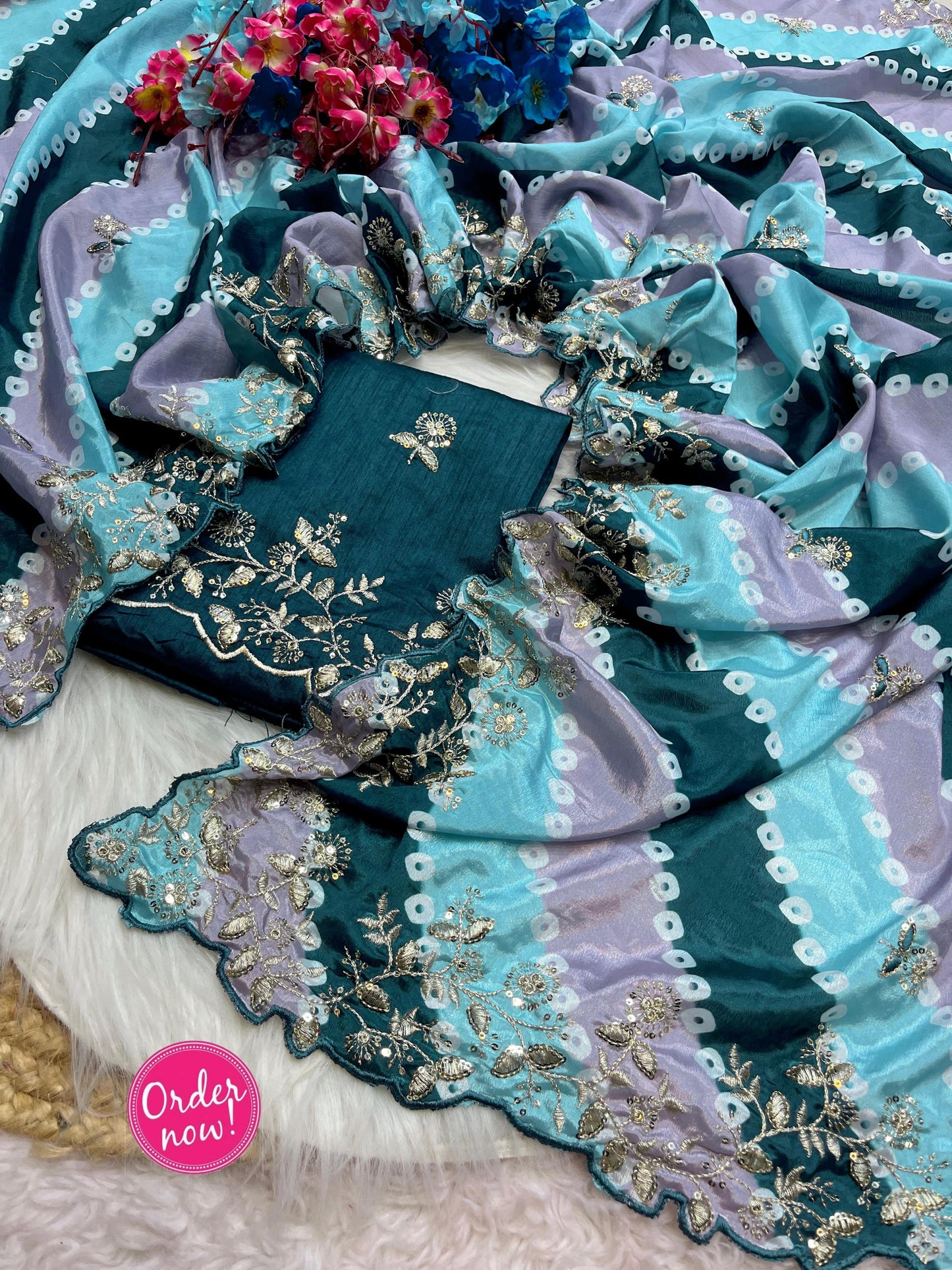 Designer Digital Print Chinon Silk Saree with Cutwork Border