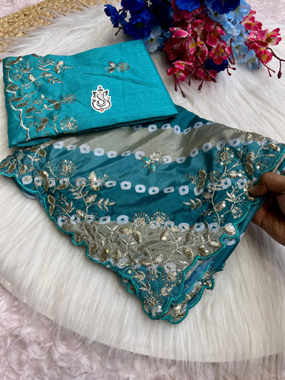 Designer Digital Print Chinon Silk Saree with Cutwork Border
