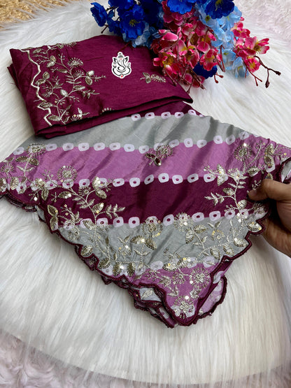 Designer Digital Print Chinon Silk Saree with Cutwork Border