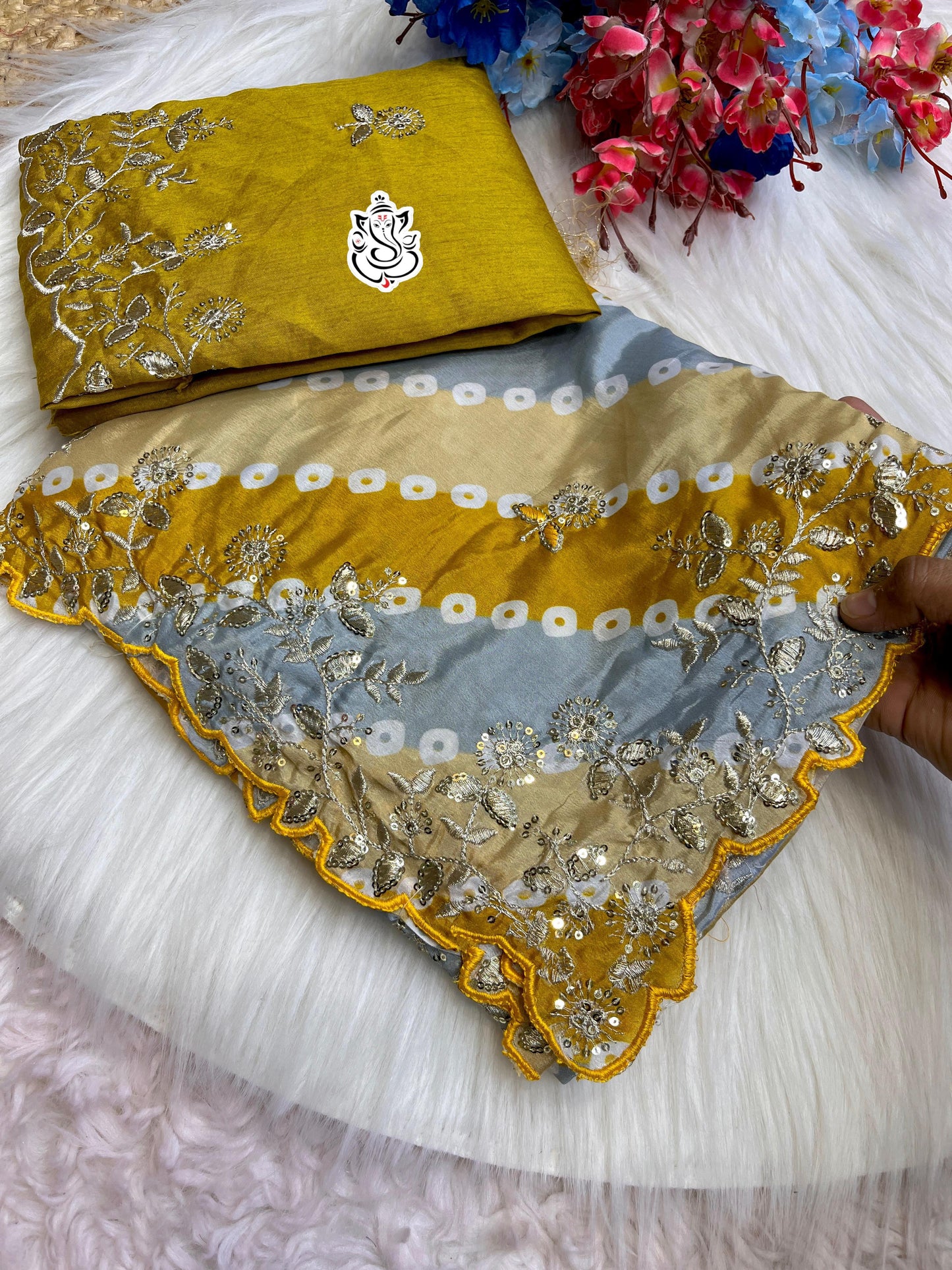 Designer Digital Print Chinon Silk Saree with Cutwork Border