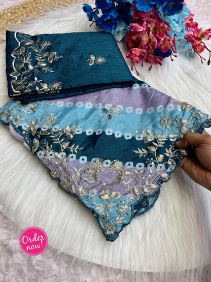 Designer Digital Print Chinon Silk Saree with Cutwork Border
