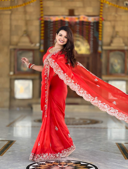 Premium Soft Tissue Saree with Heavy Moti & Beads Embroidery Work