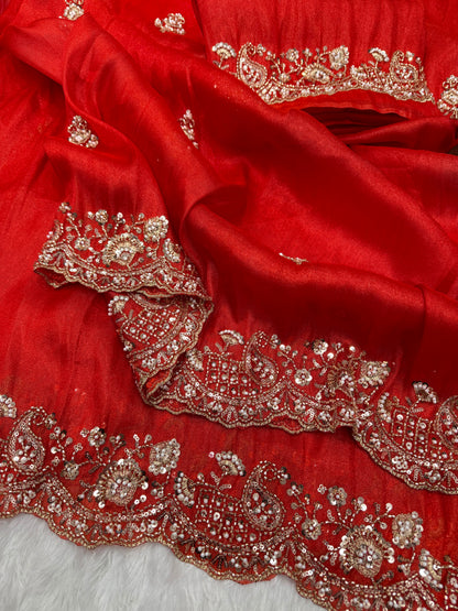 Premium Soft Tissue Saree with Heavy Moti & Beads Embroidery Work