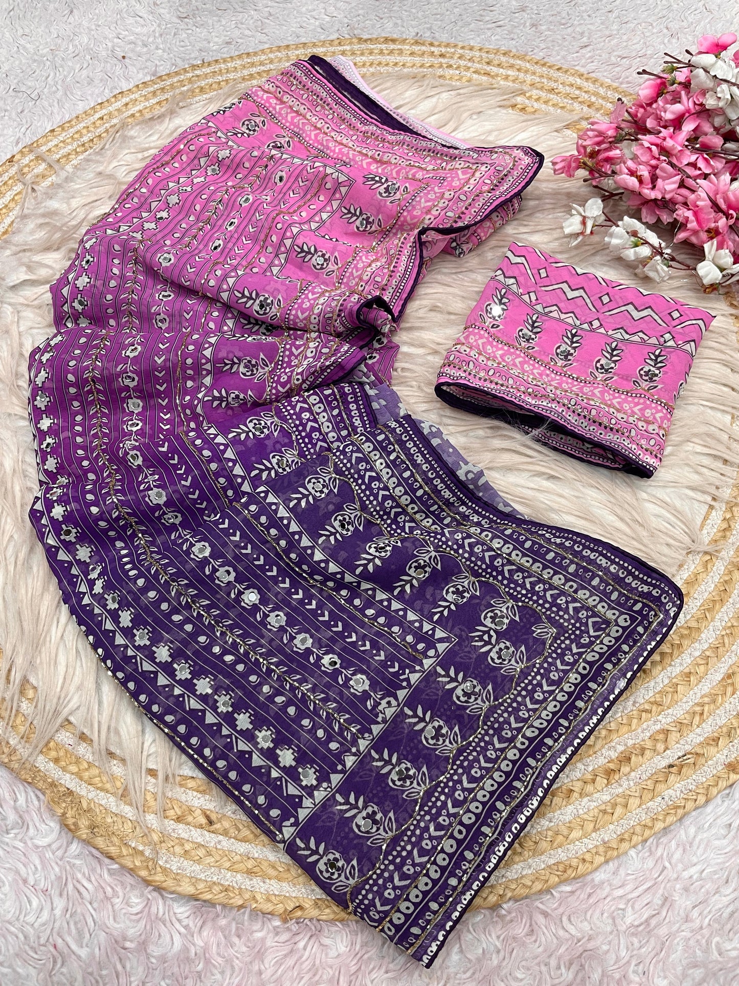 Premium Georgette Printed Saree with Khatli & Original Mirror Work