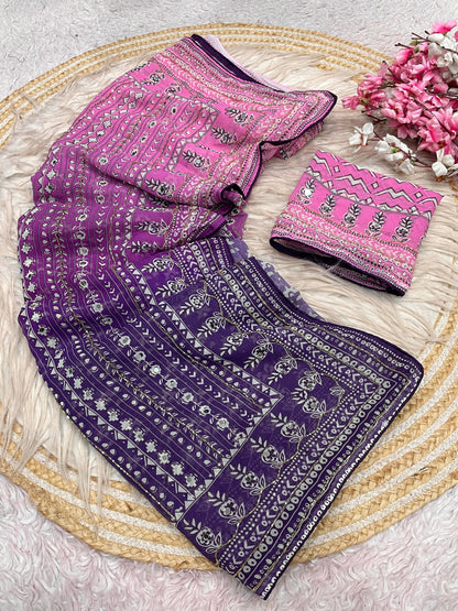 Premium Georgette Printed Saree with Khatli & Original Mirror Work