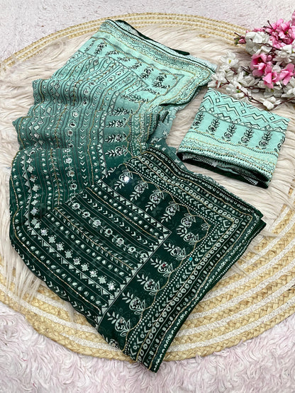 Premium Georgette Printed Saree with Khatli & Original Mirror Work