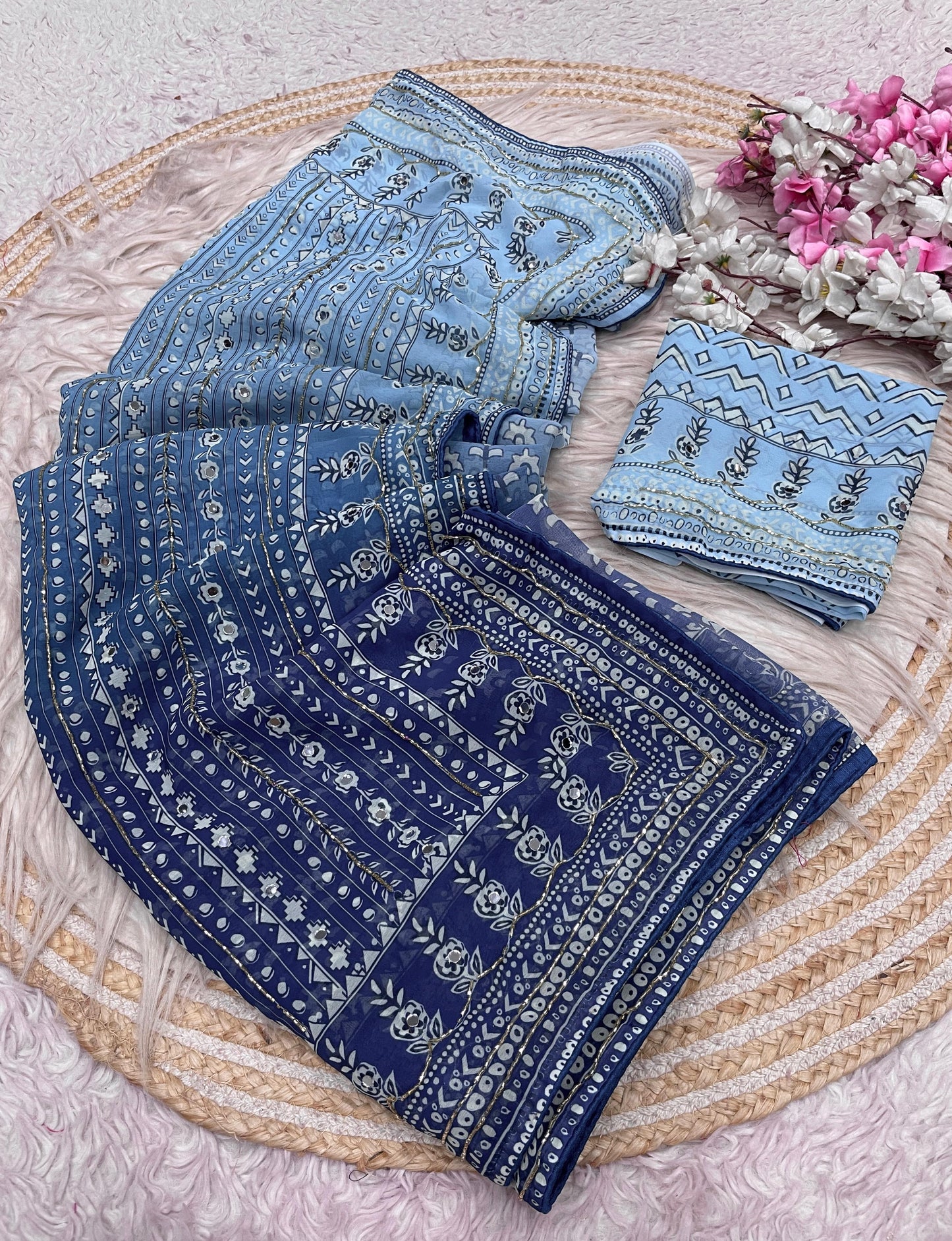 Premium Georgette Printed Saree with Khatli & Original Mirror Work