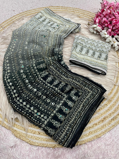 Premium Georgette Printed Saree with Khatli & Original Mirror Work