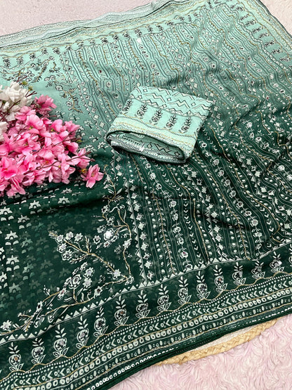 Premium Georgette Printed Saree with Khatli & Original Mirror Work