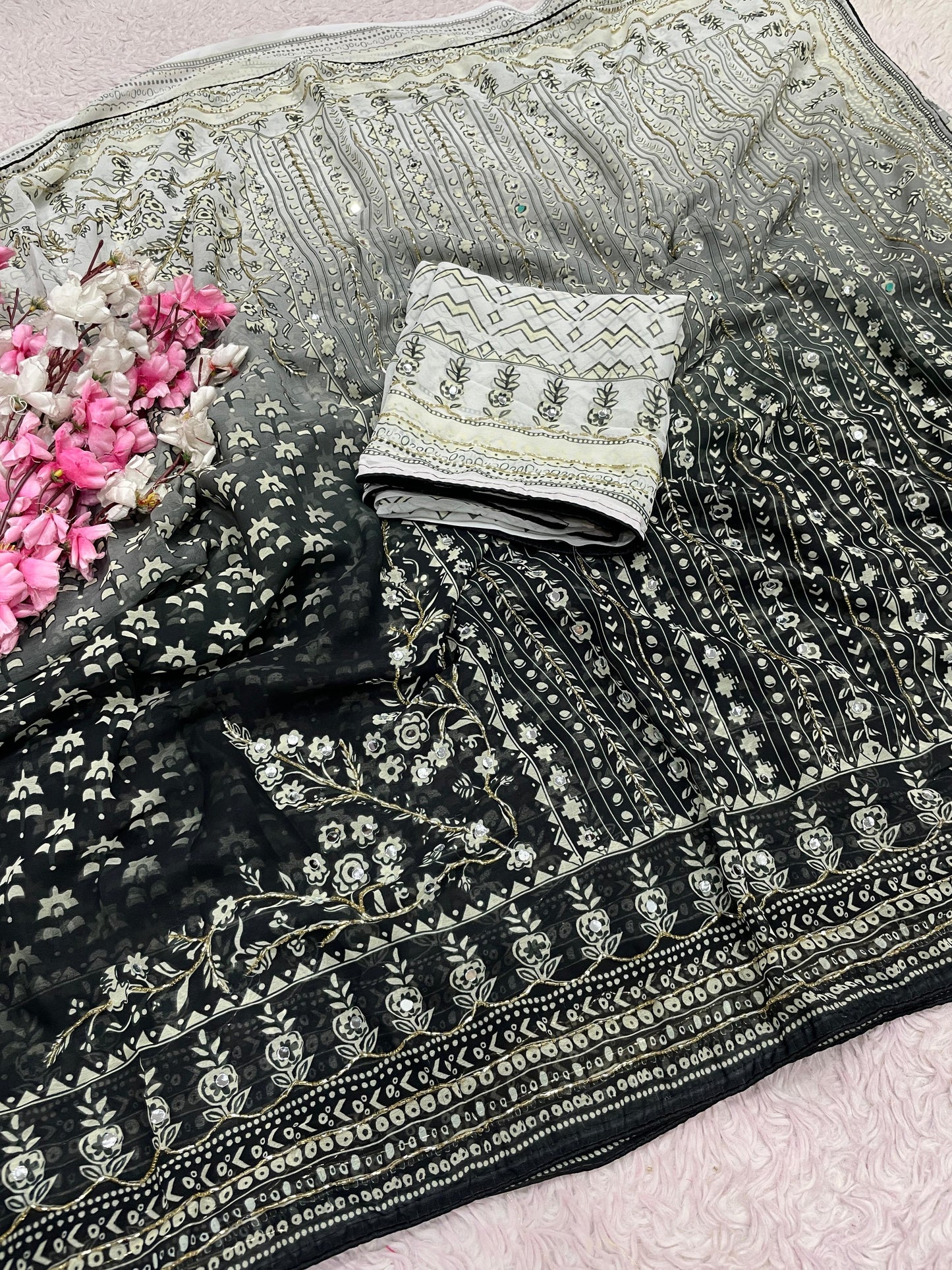 Premium Georgette Printed Saree with Khatli & Original Mirror Work