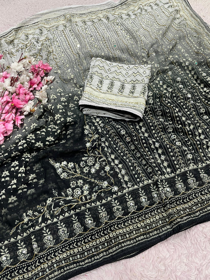 Premium Georgette Printed Saree with Khatli & Original Mirror Work