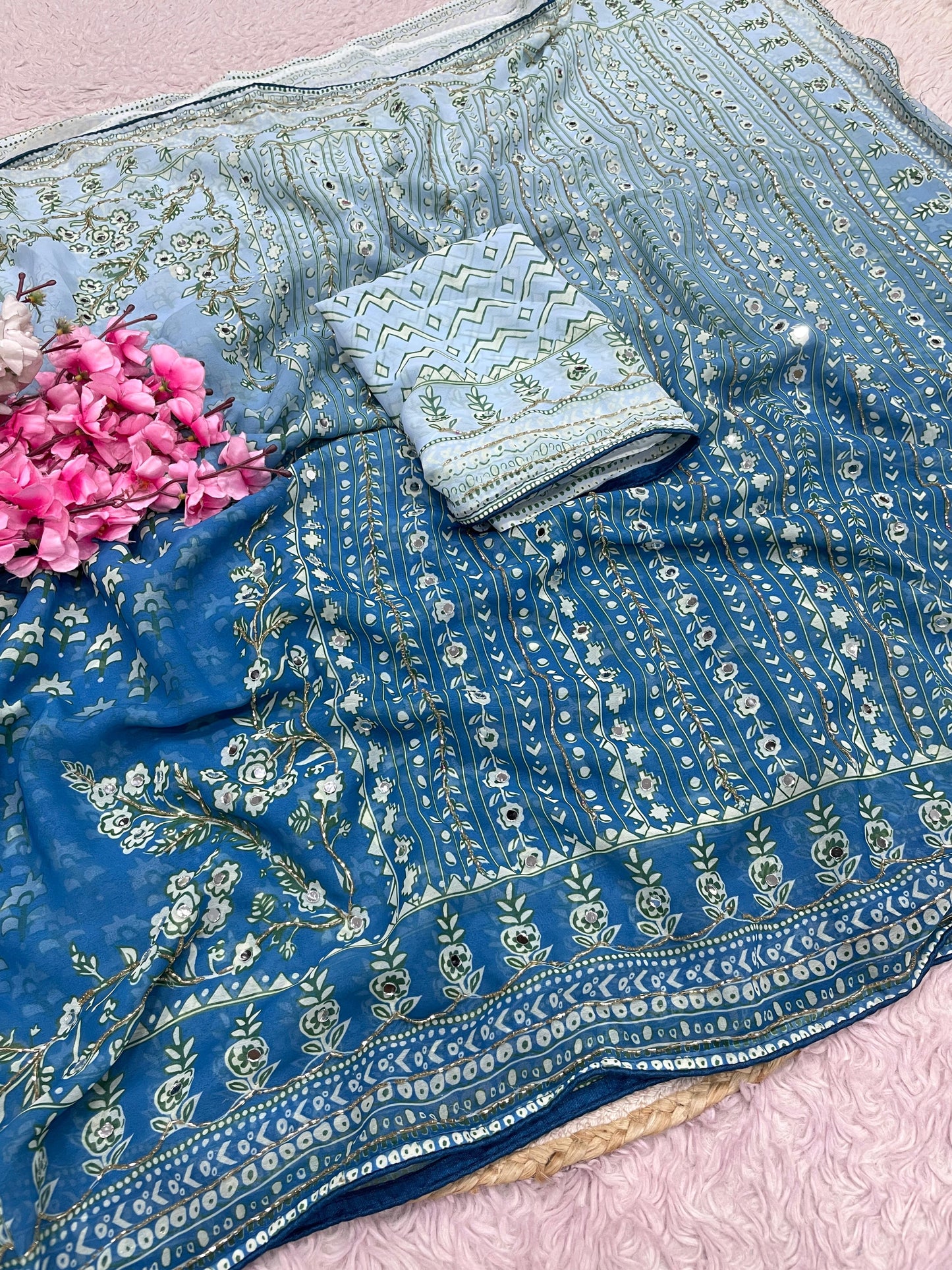 Premium Georgette Printed Saree with Khatli & Original Mirror Work