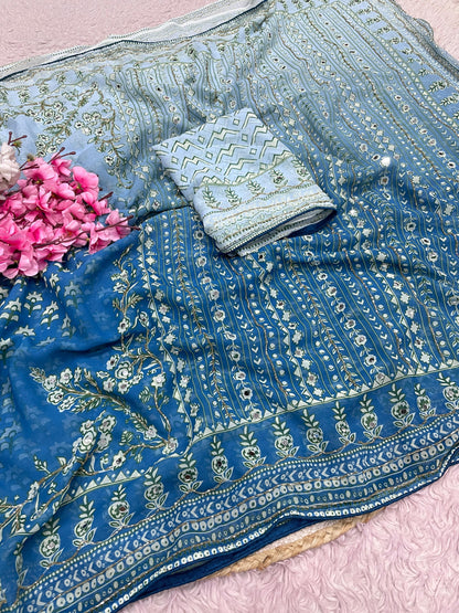 Premium Georgette Printed Saree with Khatli & Original Mirror Work