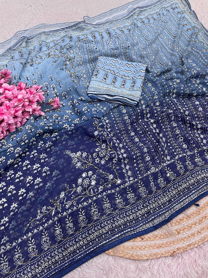 Premium Georgette Printed Saree with Khatli & Original Mirror Work