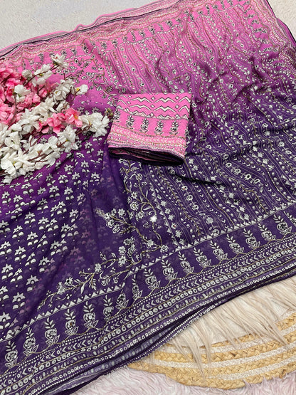 Premium Georgette Printed Saree with Khatli & Original Mirror Work