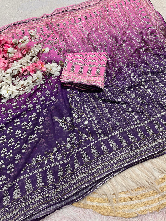 Premium Georgette Printed Saree with Khatli & Original Mirror Work