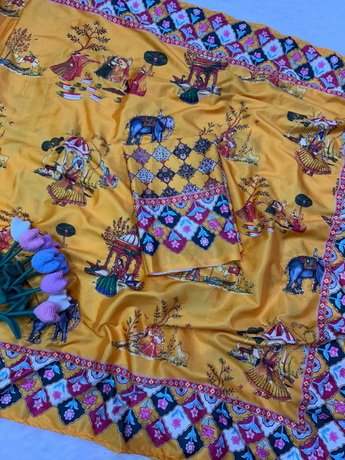 Premium Soft Crepe Satin Saree with Pichwai Print & Katdana Handwork