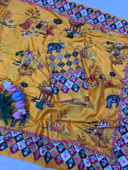 Premium Soft Crepe Satin Saree with Pichwai Print & Katdana Handwork