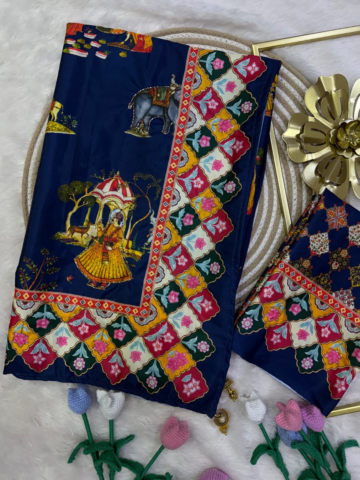 Premium Soft Crepe Satin Saree with Pichwai Print & Katdana Handwork