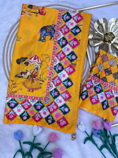 Premium Soft Crepe Satin Saree with Pichwai Print & Katdana Handwork