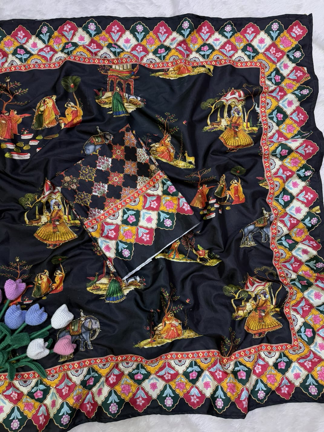 Premium Soft Crepe Satin Saree with Pichwai Print & Katdana Handwork
