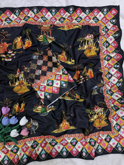 Premium Soft Crepe Satin Saree with Pichwai Print & Katdana Handwork