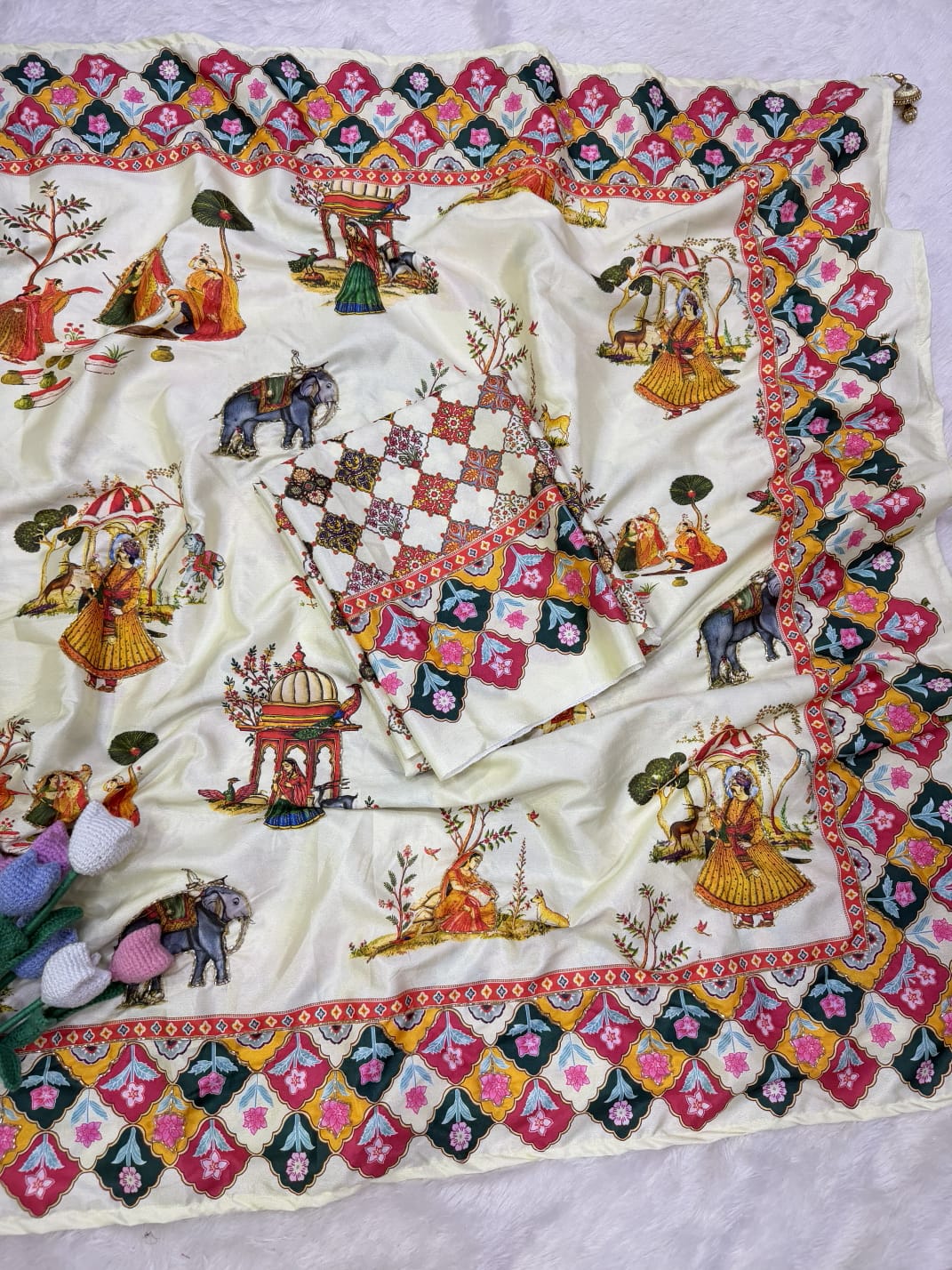 Premium Soft Crepe Satin Saree with Pichwai Print & Katdana Handwork