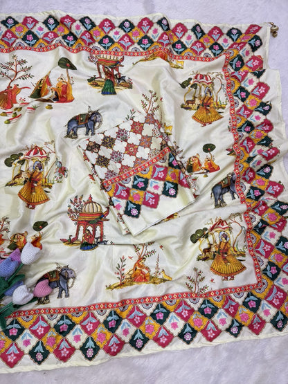 Premium Soft Crepe Satin Saree with Pichwai Print & Katdana Handwork