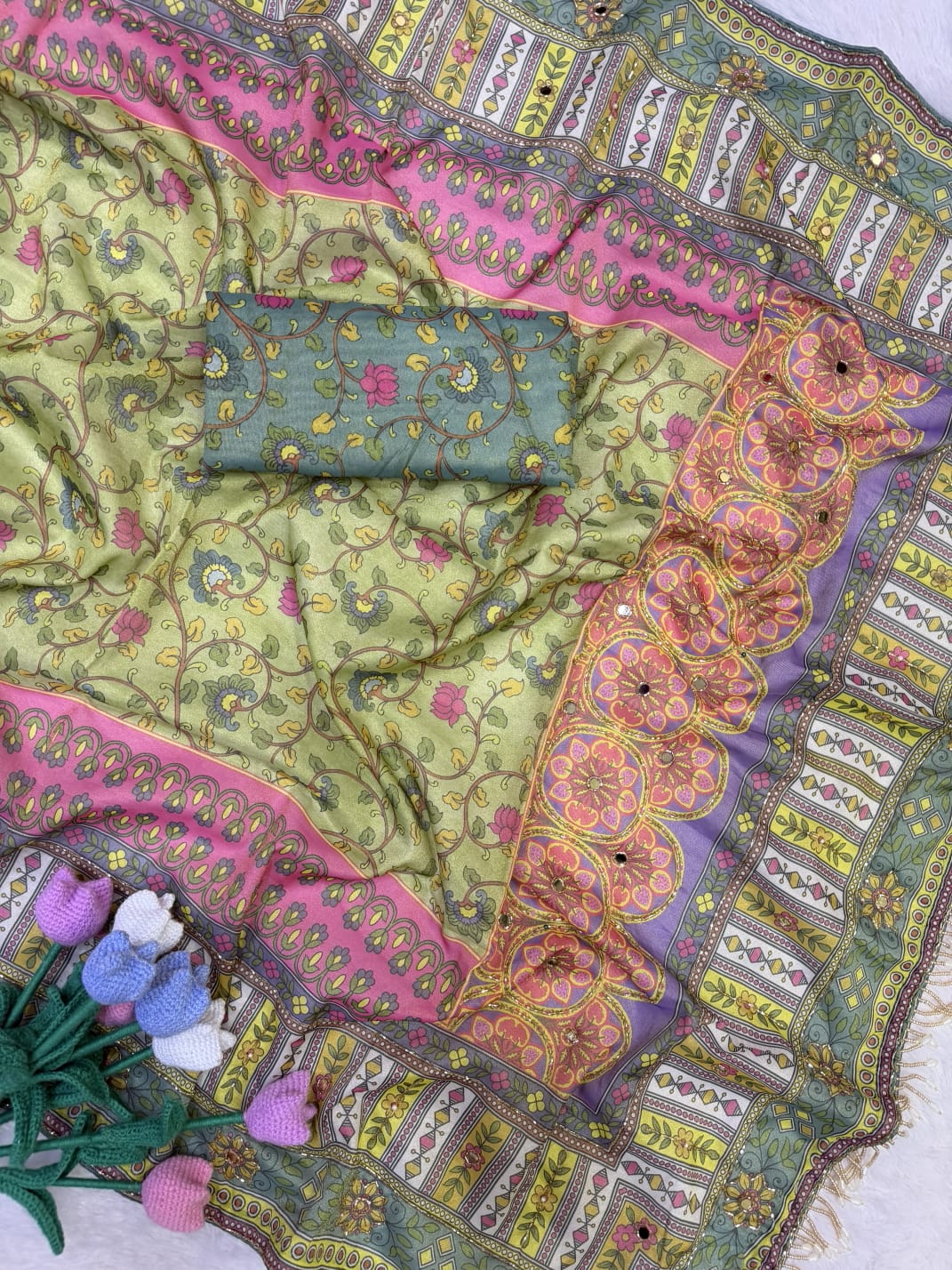 Premium Soft Cosmo Silk Saree with Katdana & Mirror Handwork