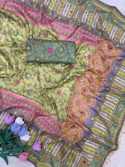 Premium Soft Cosmo Silk Saree with Katdana & Mirror Handwork