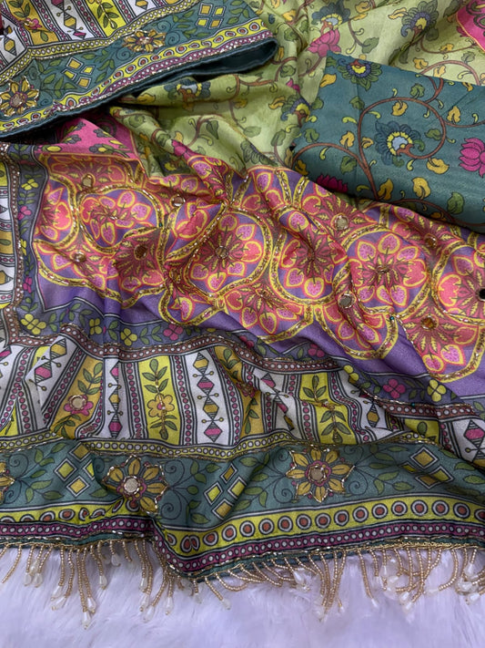Premium Soft Cosmo Silk Saree with Katdana & Mirror Handwork