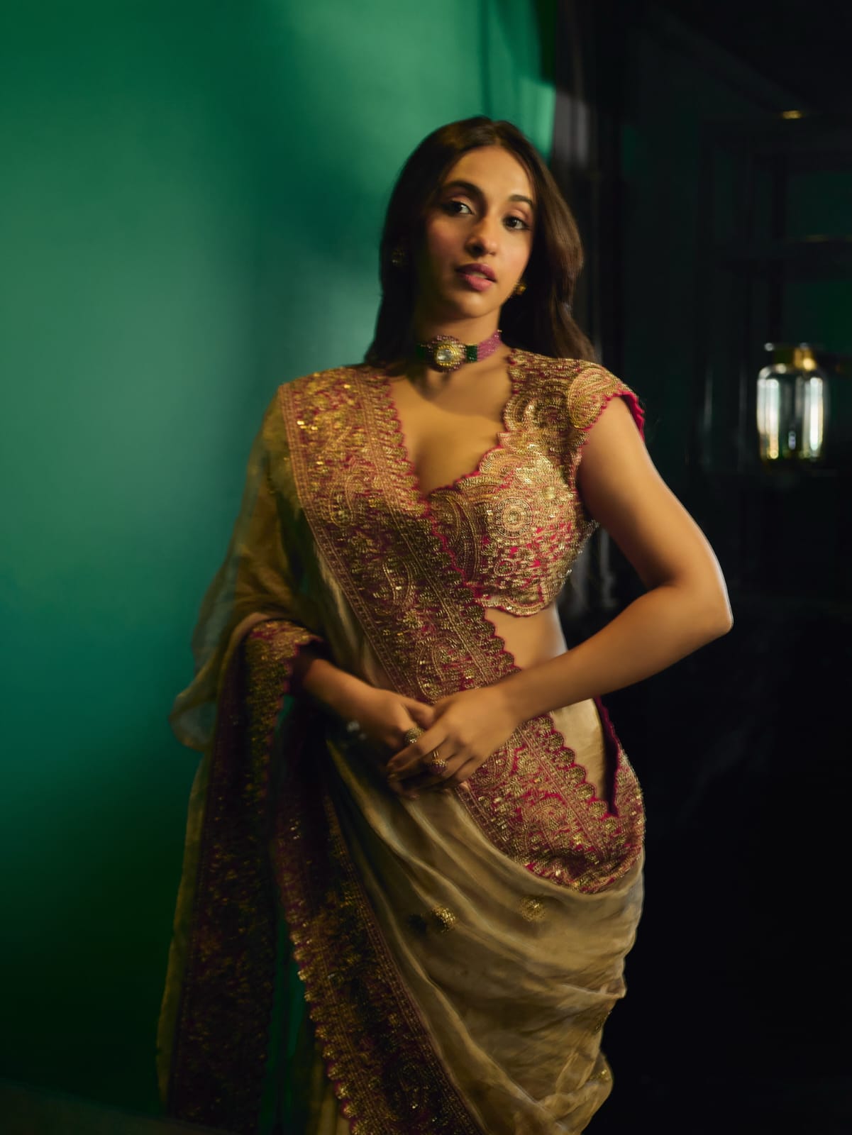 Premium Ivory Organza Saree with Rich Red & Beige Embroidered Border