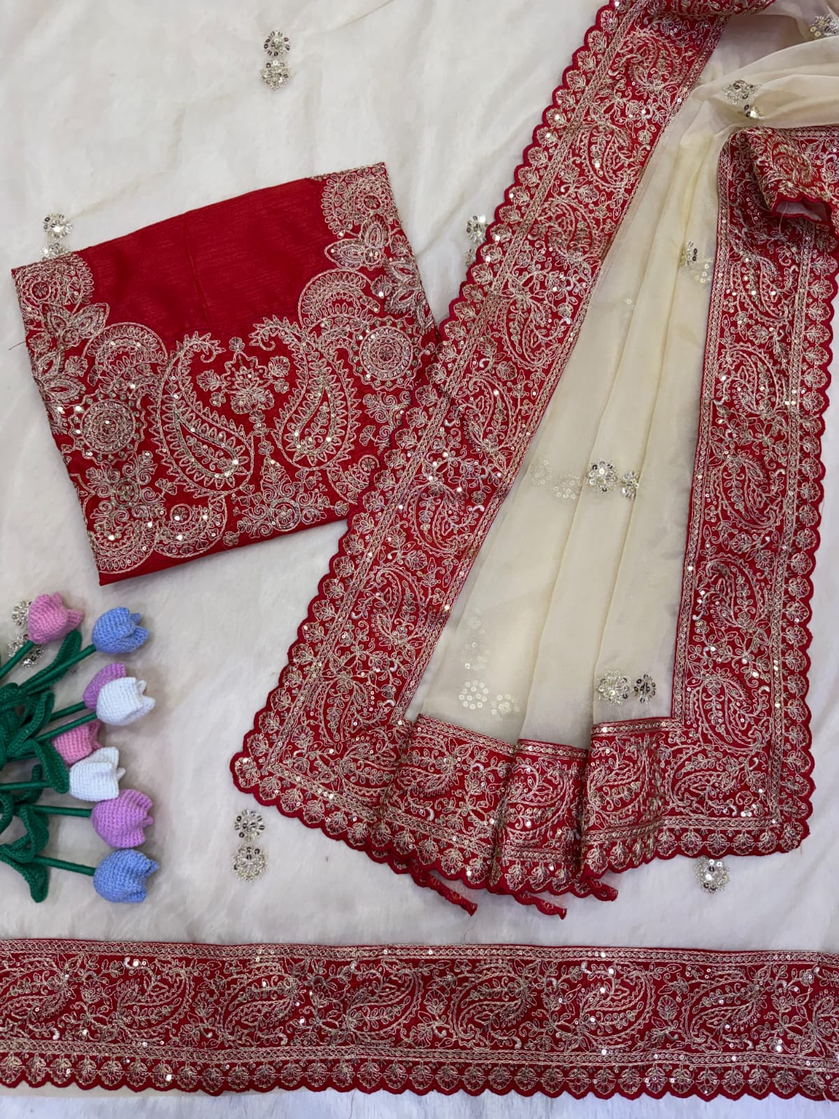 Premium Ivory Organza Saree with Rich Red & Beige Embroidered Border