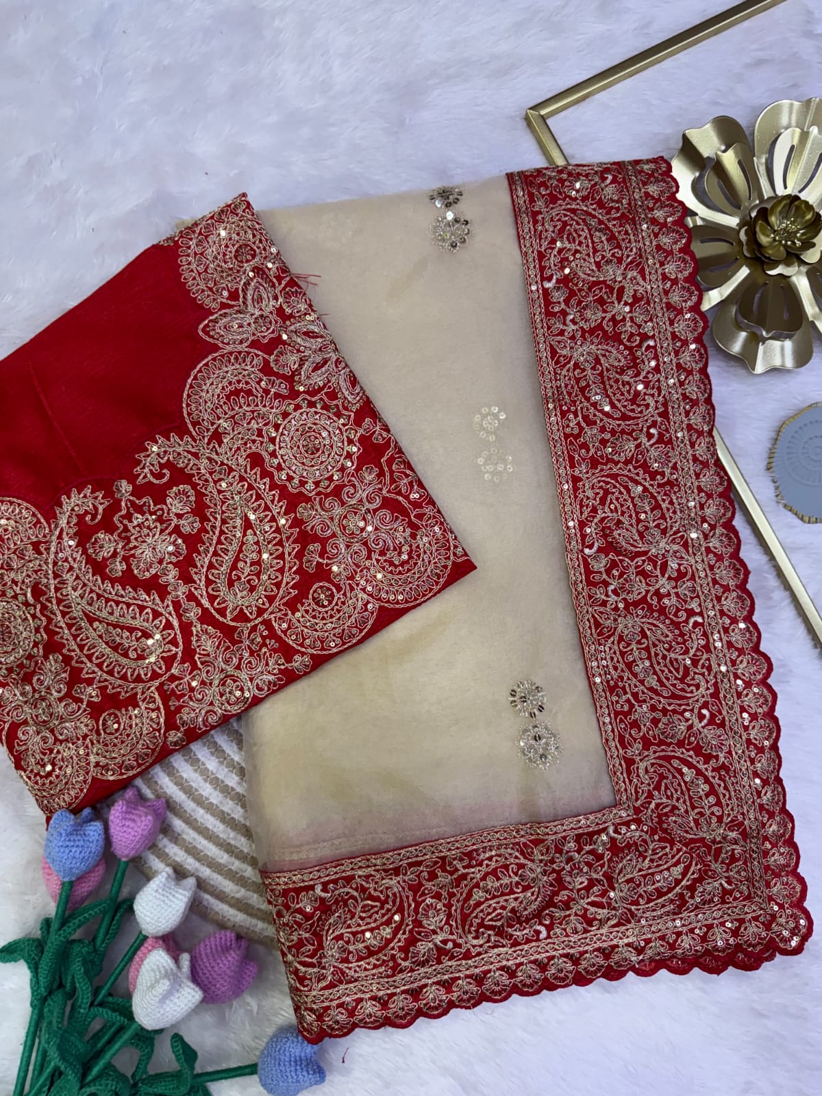 Premium Ivory Organza Saree with Rich Red & Beige Embroidered Border