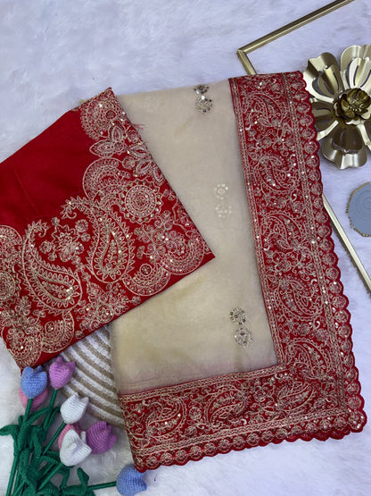 Premium Ivory Organza Saree with Rich Red & Beige Embroidered Border
