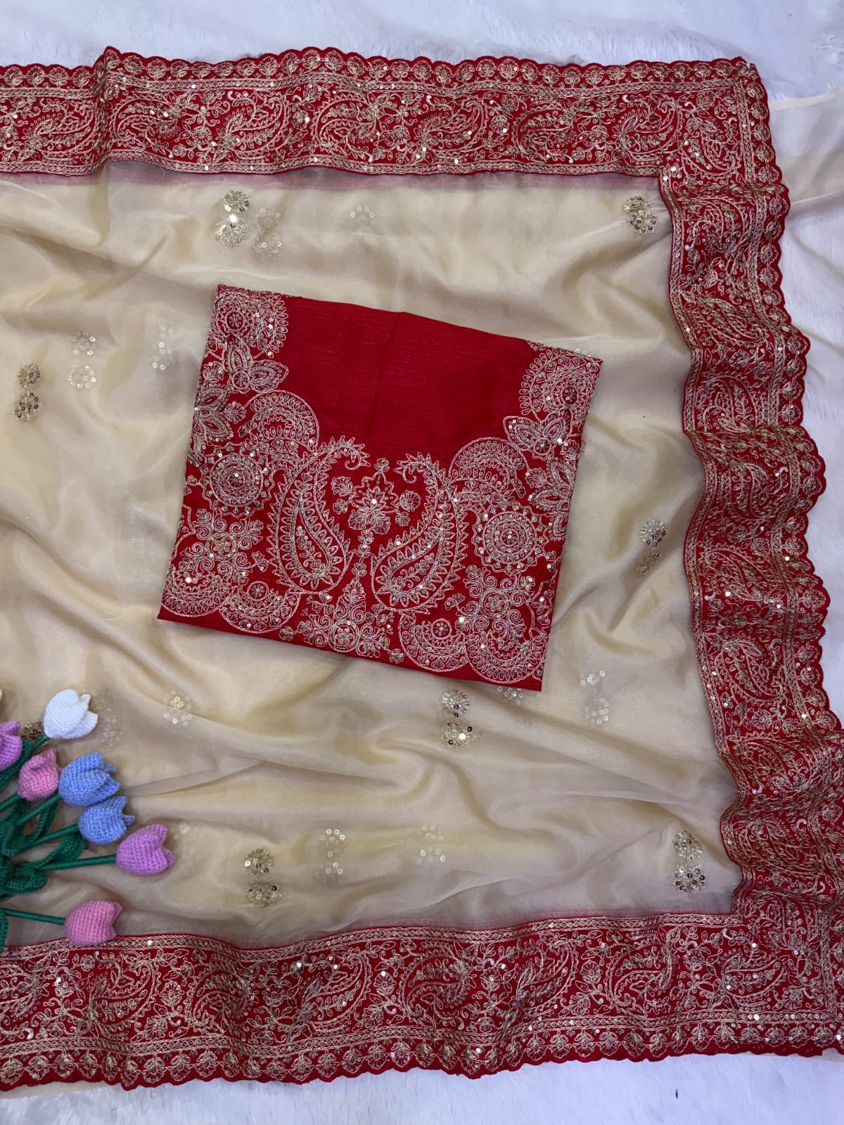 Premium Ivory Organza Saree with Rich Red & Beige Embroidered Border