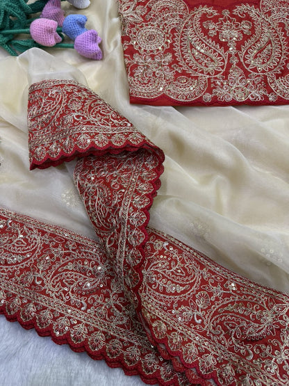 Premium Ivory Organza Saree with Rich Red & Beige Embroidered Border