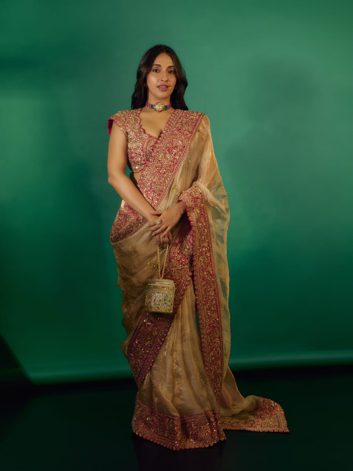 Premium Ivory Organza Saree with Rich Red & Beige Embroidered Border