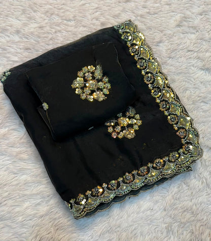 Graceful Party Wear Soft Silk Saree with Floral Embroidery Motifs