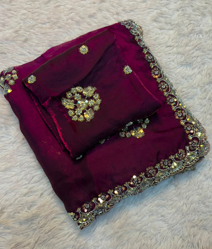 Graceful Party Wear Soft Silk Saree with Floral Embroidery Motifs