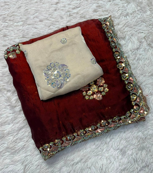 Graceful Party Wear Soft Silk Saree with Floral Embroidery Motifs