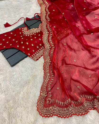Premium Pure Soft Zimmy Choo Silk Saree with C-Pallu Embroidery