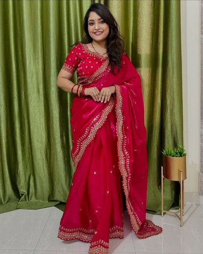 Premium Pure Soft Zimmy Choo Silk Saree with C-Pallu Embroidery