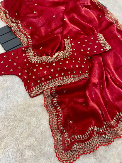 Premium Pure Soft Zimmy Choo Silk Saree with C-Pallu Embroidery